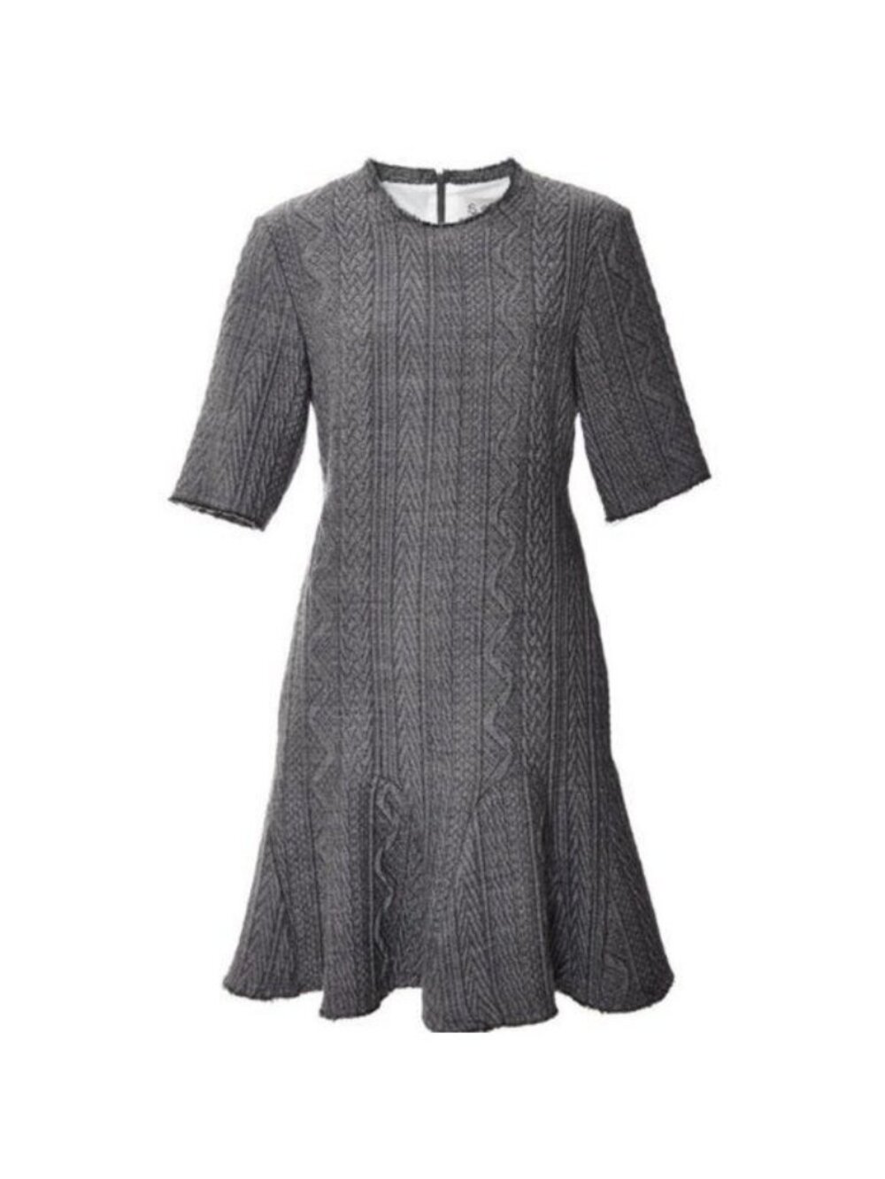 Sea Grey Embossed Cable Frayed Edges Dress Knit Fit Flare